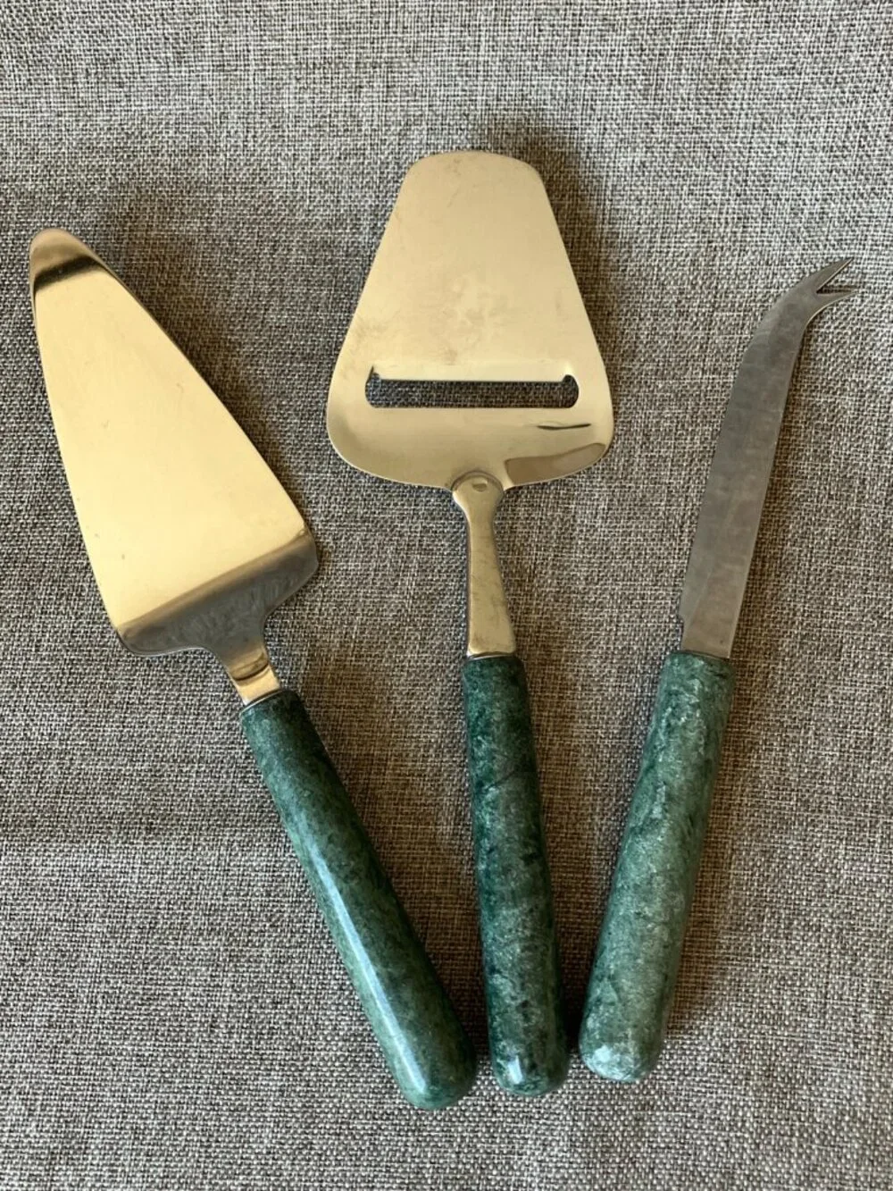Three Piece Cheese and Appetizer Stainless Set with Green Marble Handles, EUC